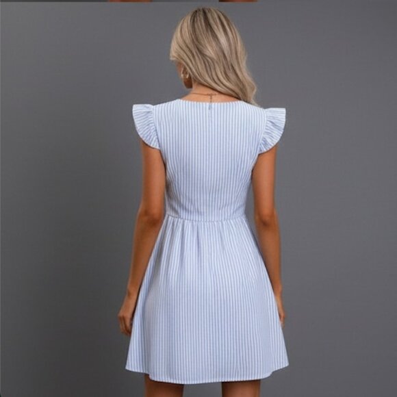 Blue Striped Ruffle Trim Button Front Dress - Picture 3 of 9